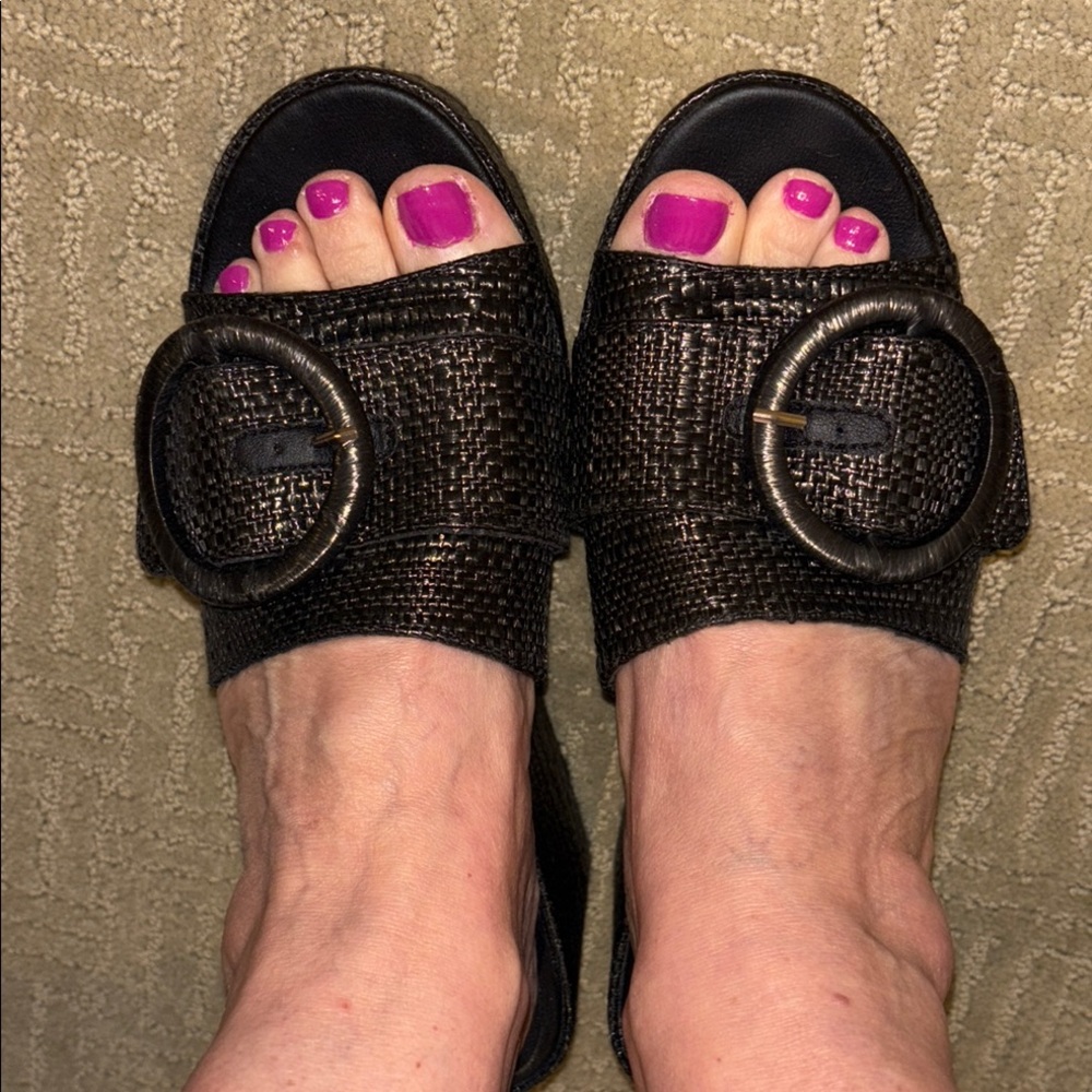 Chunky Black Woven Slide Platform Sandals